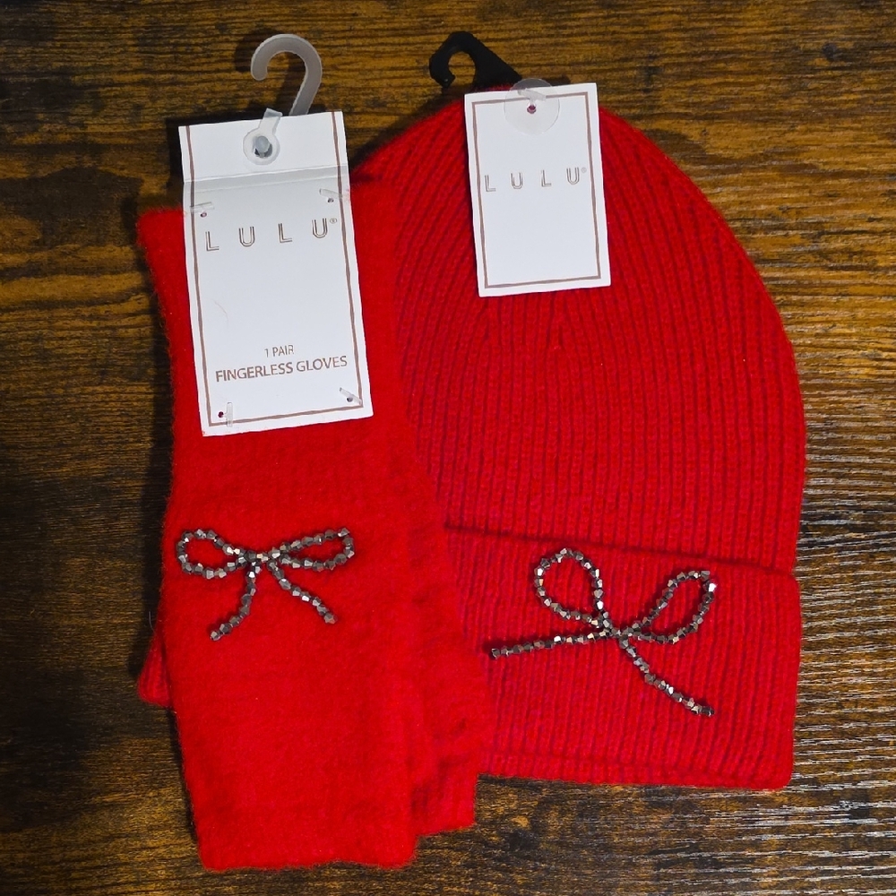 NWT LuLu Vibrant Red Beanie and Fingerless Gloves Set